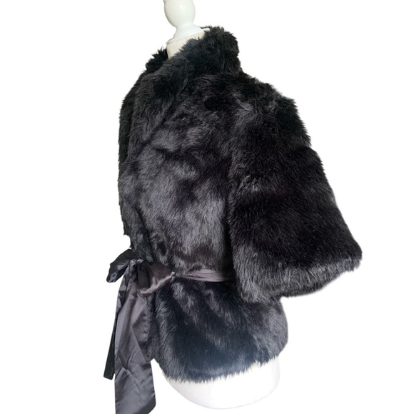 Costa Blanca Black Faux Fur Jacket with Ribbon Tie Size 8 - Picture 3 of 7
